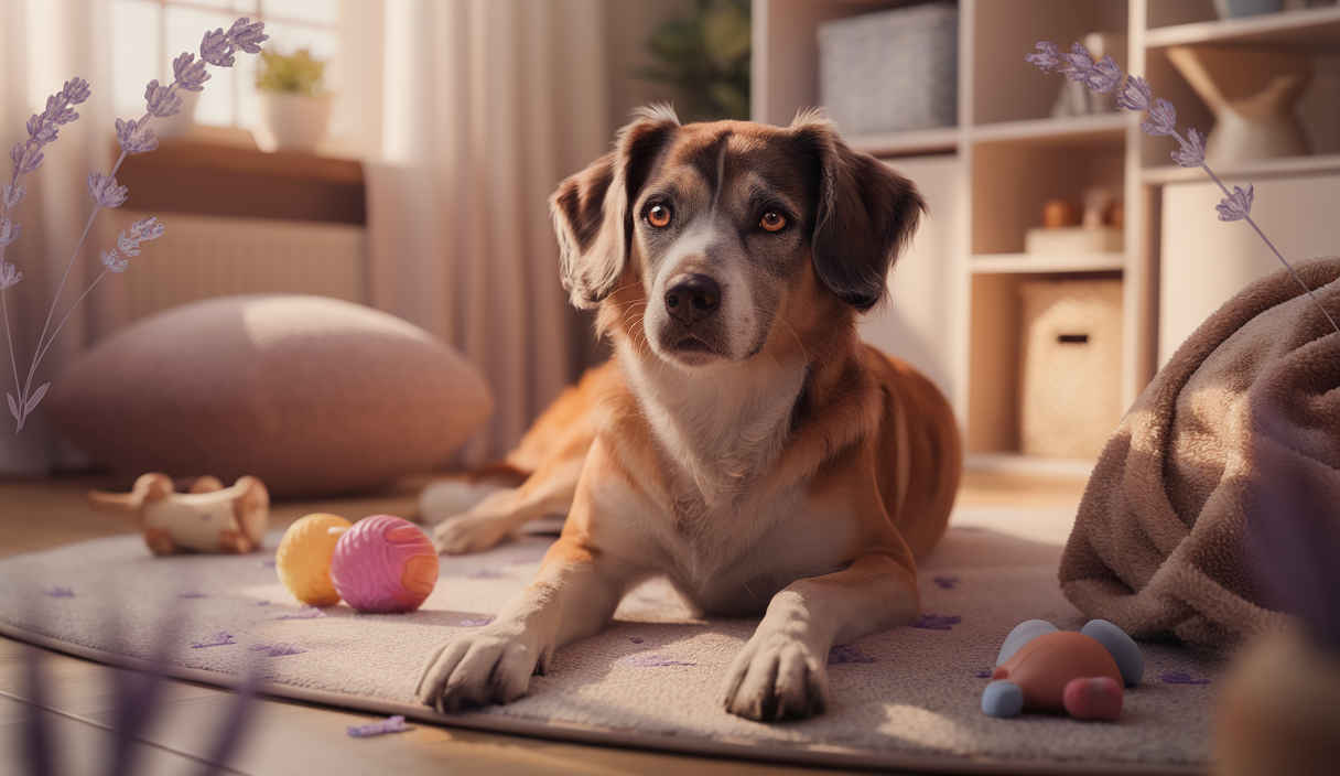 Chien anxieux cherchant réconfort avec des solutions apaisantes.