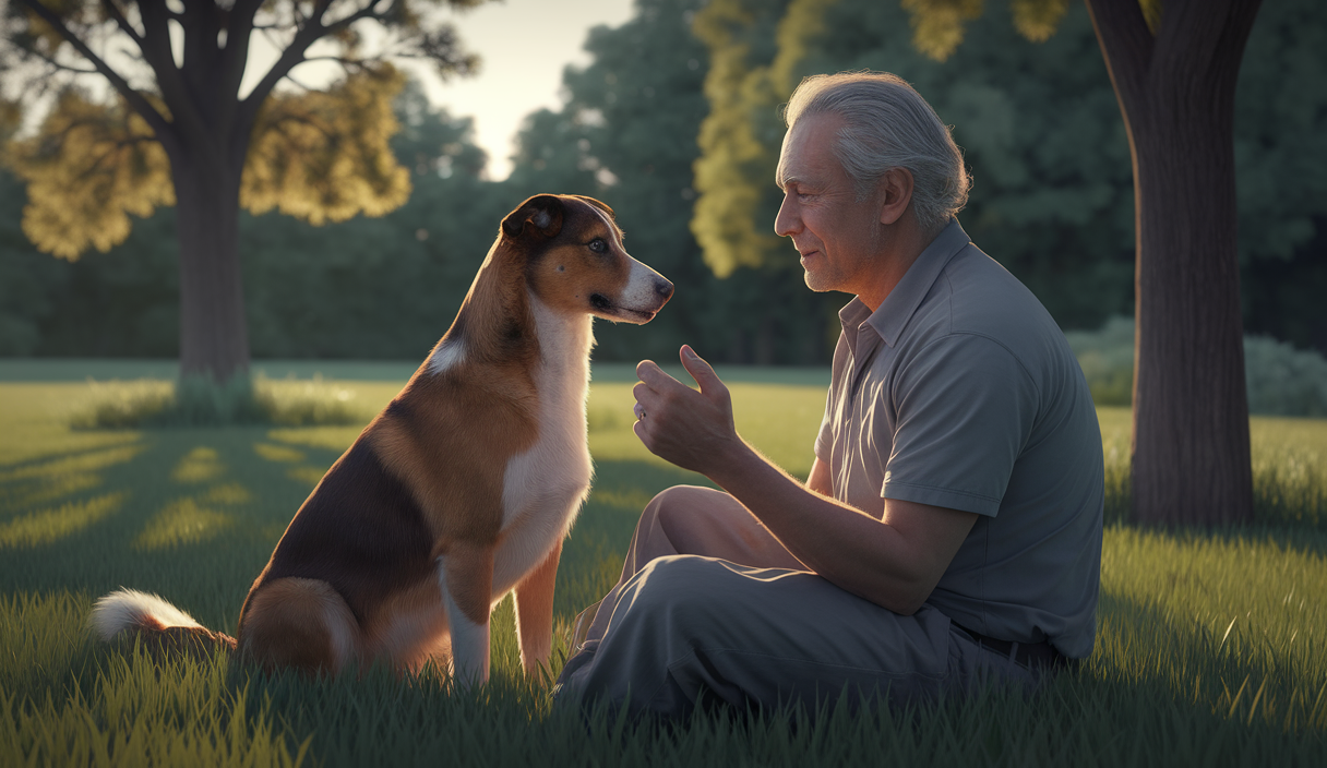 Un moment de complicité et de transparence entre un éducateur canin et son chien