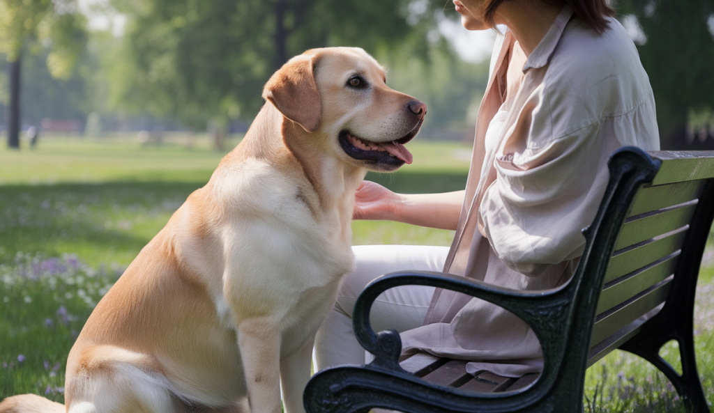 Un chien et son propriétaire interagissant avec confiance et compréhension mutuelle dans un cadre serein.
