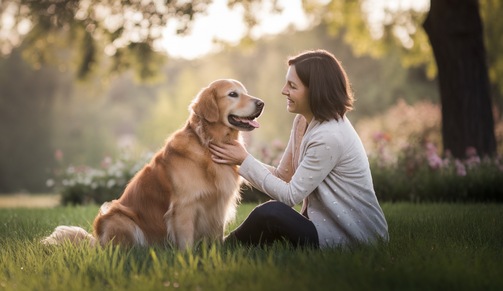 Un maître et son chien partageant un moment complice dans un parc ensoleillé