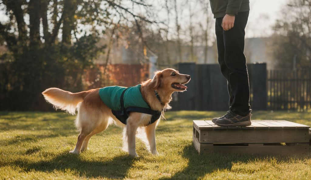 Un chien apprenant joyeusement avec son maître dans un environnement positif