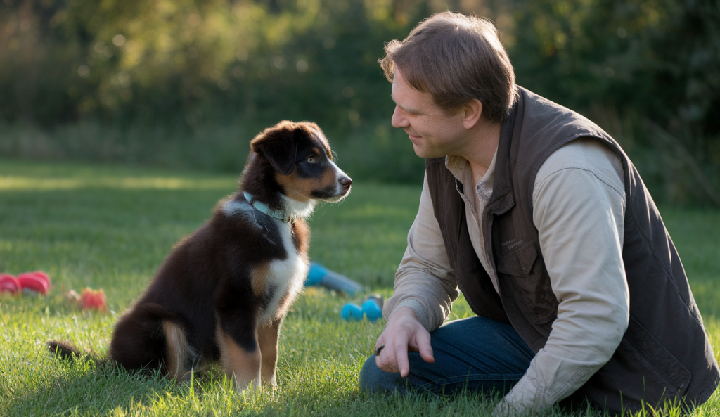 Un entraîneur de chien interagit avec un chiot attentif dans un environnement serein