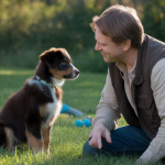 Un entraîneur de chien interagit avec un chiot attentif dans un environnement serein