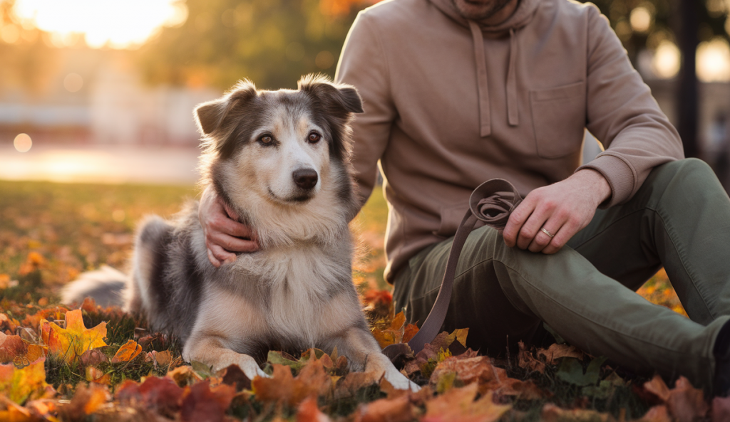 Chien adoptif exprimant confiance et calme avec son maître
