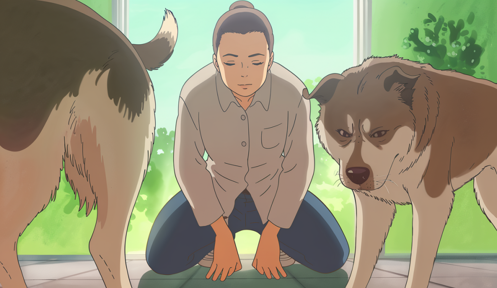 Personne communiquant calmement avec un chien dans une situation tendue