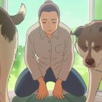 Personne communiquant calmement avec un chien dans une situation tendue