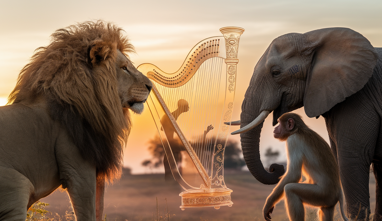 Une image où la musique enveloppe tendrement un groupe d'animaux, illustrant leur connexion émotionnelle accrue.