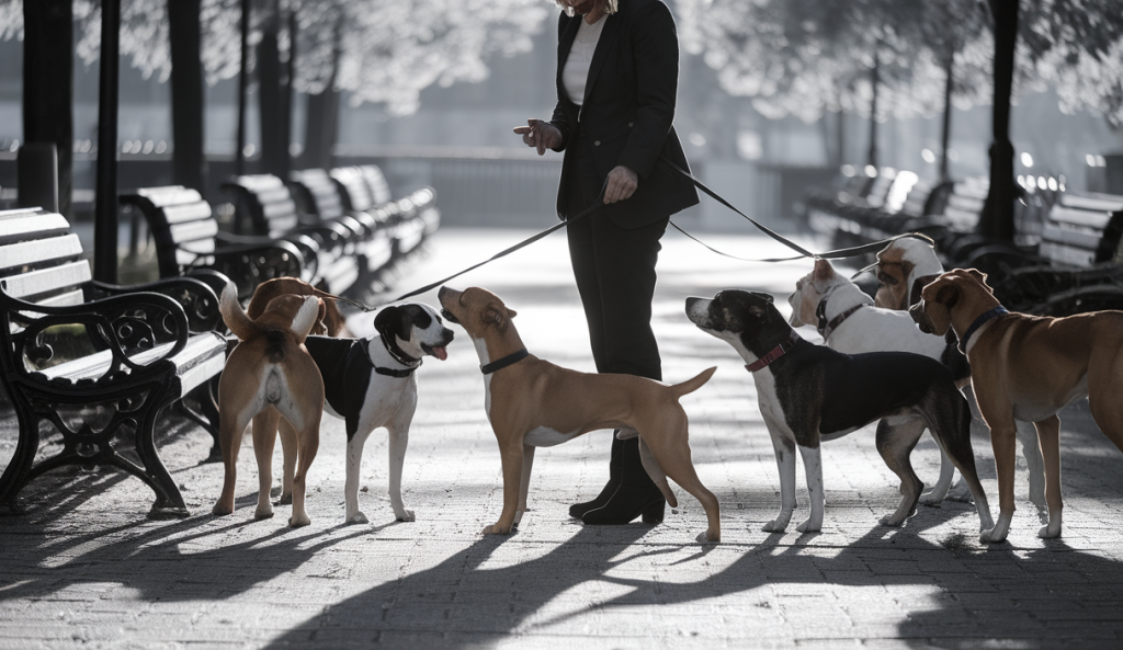 Un propriétaire de chien responsable entouré de chiens bien élevés