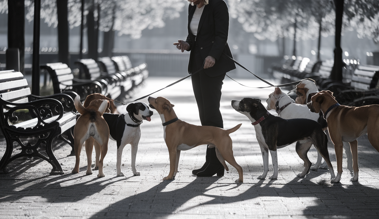Un propriétaire de chien responsable entouré de chiens bien élevés
