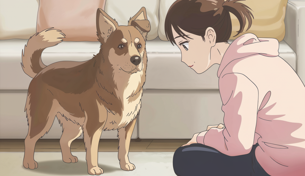 Illustration numérique représentant une personne observant attentivement les comportements physiques de son chien