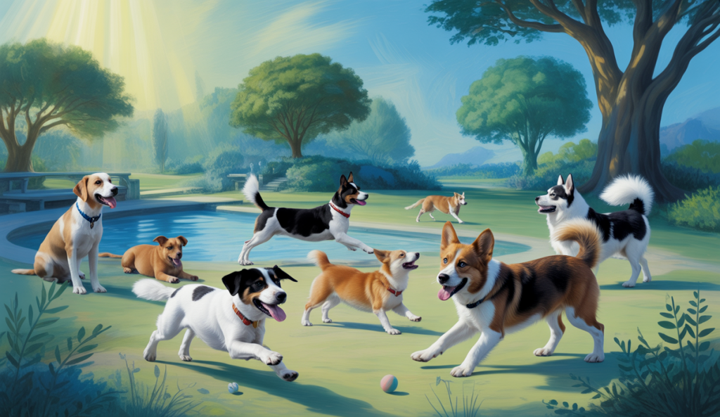 Un groupe de chiens de différentes races en train d'interagir joyeusement dans un parc verdoyant