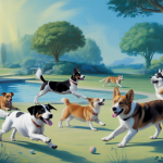 Un groupe de chiens de différentes races en train d'interagir joyeusement dans un parc verdoyant