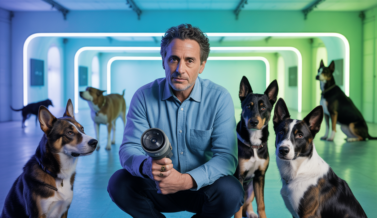 Cesar Millan interagissant avec des chiens en 2025 avec des méthodes modernes.