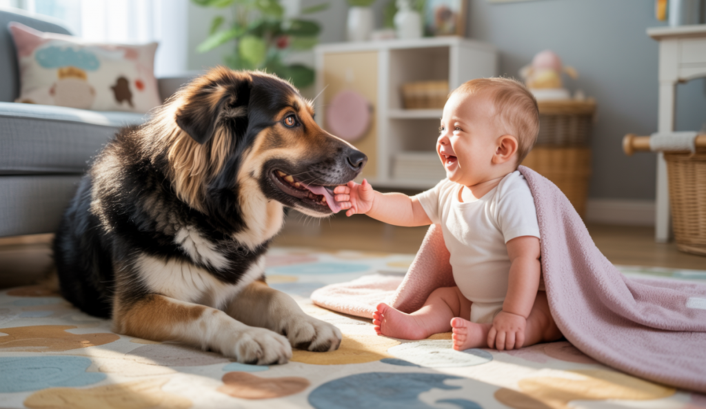 Un chien et un bébé interagissent harmonieusement dans un espace familial paisible