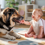 Un chien et un bébé interagissent harmonieusement dans un espace familial paisible