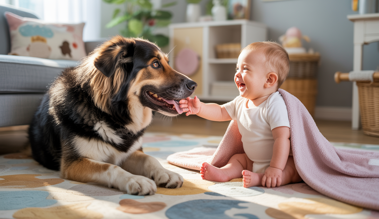 Un chien et un bébé interagissent harmonieusement dans un espace familial paisible