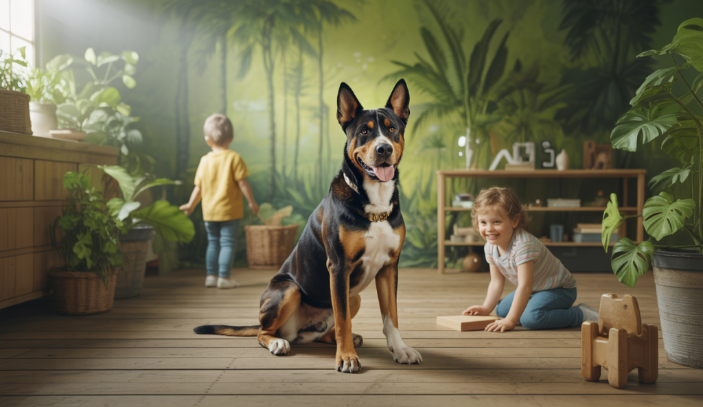 Un chien protecteur avec une posture vigilante dans un environnement serein et bien socialisé