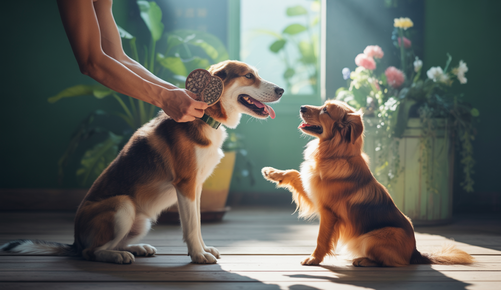 Un chien apprenant de manière positive, entouré d'une ambiance chaleureuse et rassurante