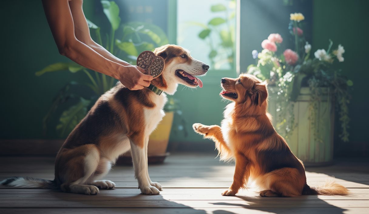 Un chien apprenant de manière positive, entouré d'une ambiance chaleureuse et rassurante