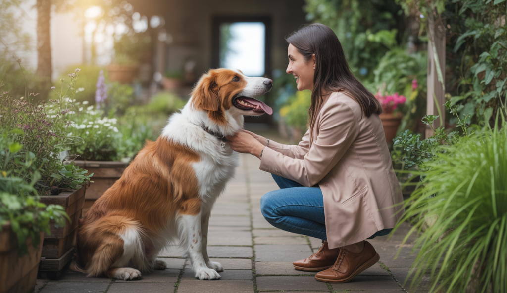 Un chien heureux entouré de son propriétaire dans un environnement accueillant.