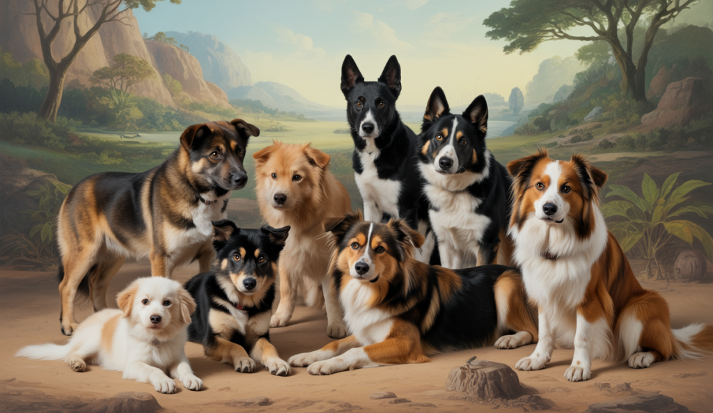 Illustration d'une collection de races canines exotiques contemplées avec admiration