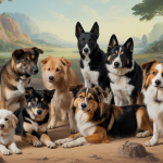 Illustration d'une collection de races canines exotiques contemplées avec admiration