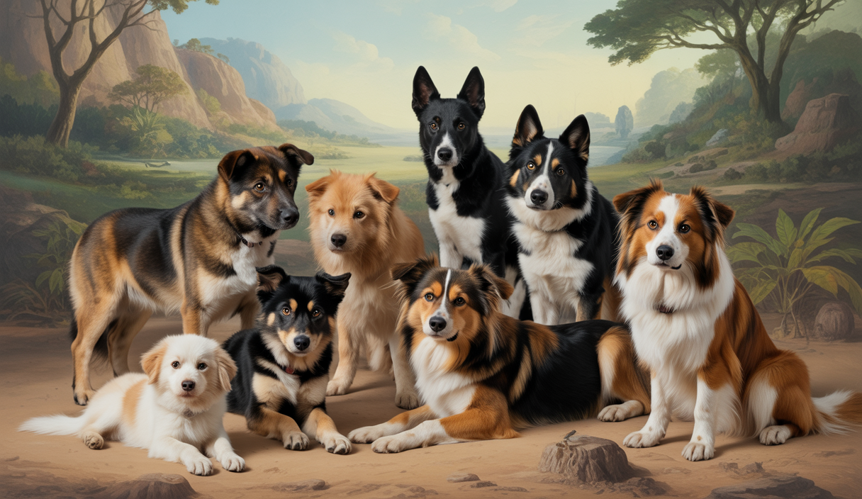 Illustration d'une collection de races canines exotiques contemplées avec admiration