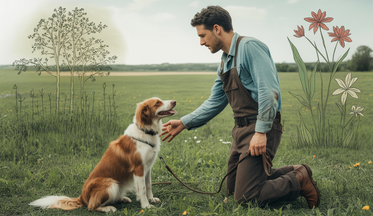 Un dresseur de chiens en plein entraînement avec un chien attentif.