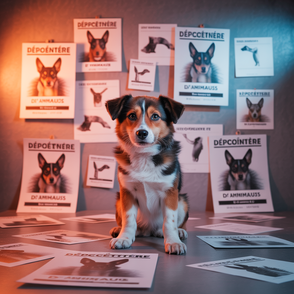 Un chien triste avec des affiches de recherche en arrière-plan.