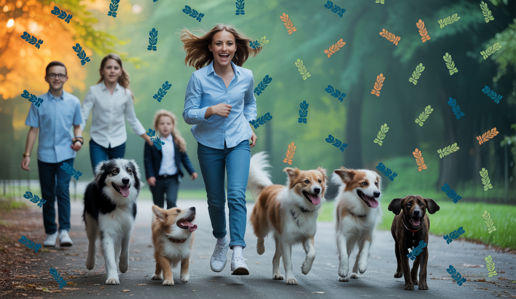 Illustration de chiens énergiques adaptés aux familles actives, représentant diverses races et tailles.