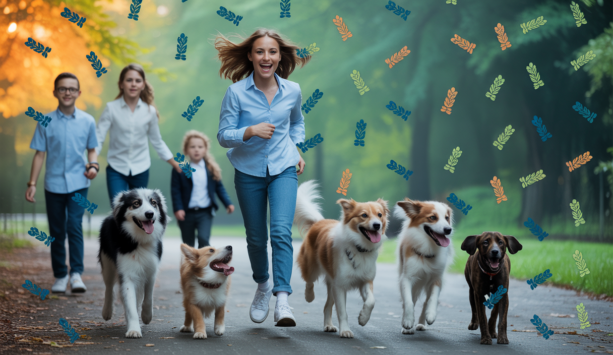 Illustration de chiens énergiques adaptés aux familles actives, représentant diverses races et tailles.