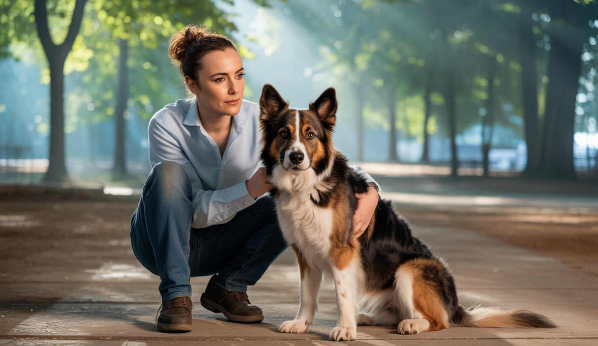Rencontre entre un éducateur canin professionnel et un chien agressif pour une réhabilitation paisible.