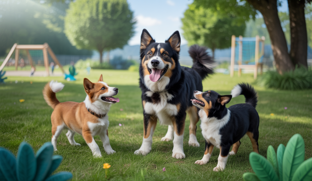Chien heureux socialisant dans un parc vibrant, entouré de chiens divers.