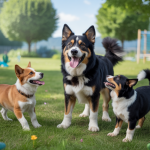 Chien heureux socialisant dans un parc vibrant, entouré de chiens divers.
