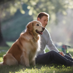 Chien heureux et confiant avec son propriétaire dans un cadre naturel apaisant