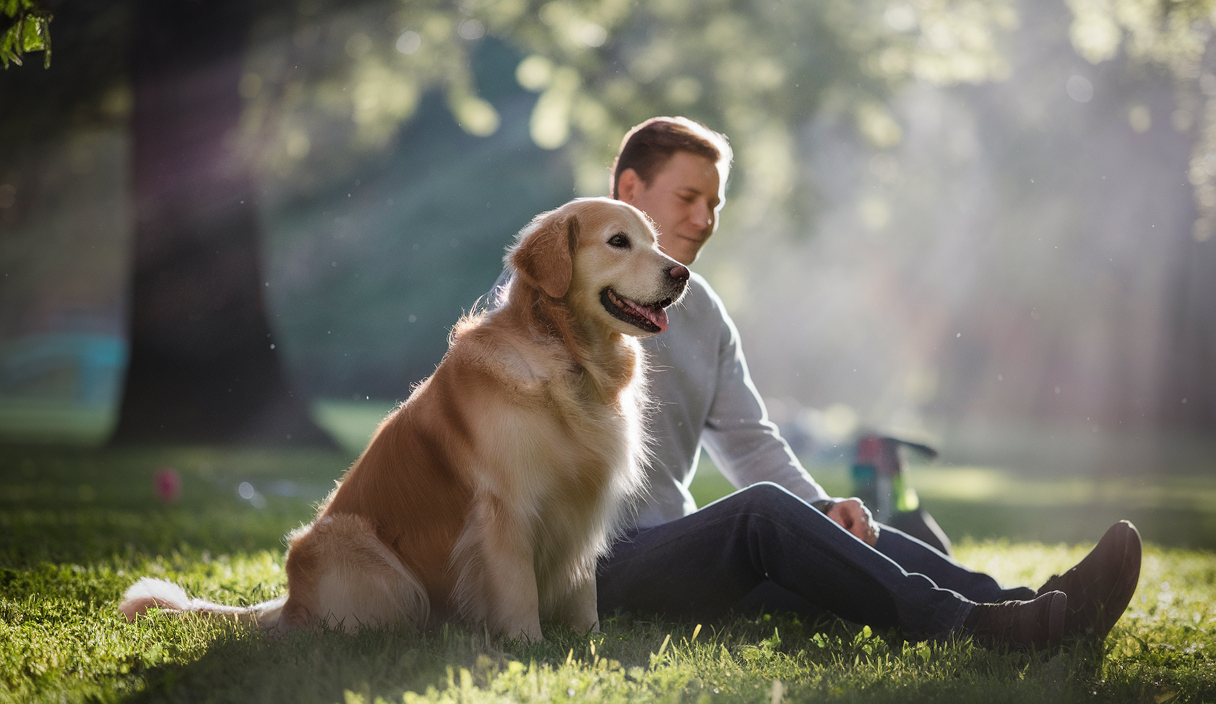 Chien heureux et confiant avec son propriétaire dans un cadre naturel apaisant