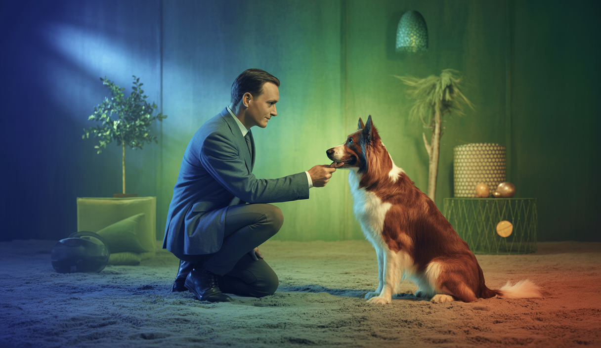 Illustration imaginative sur les techniques modernes de dressage canin.