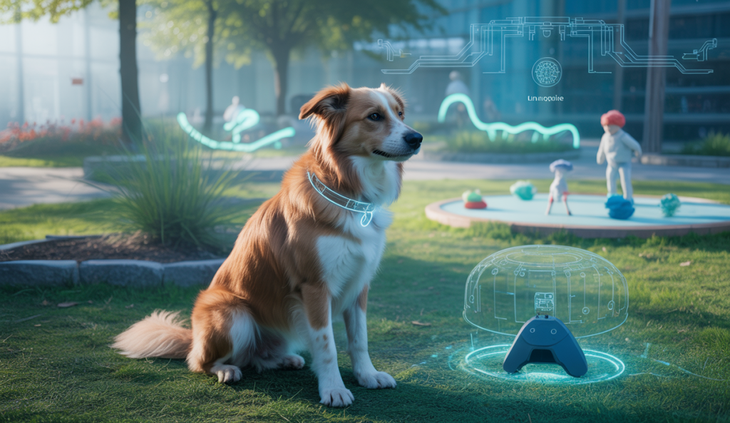 Un chien dans un environnement futuriste illustrant les tendances de l'adoption canine en 2025