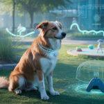 Un chien dans un environnement futuriste illustrant les tendances de l'adoption canine en 2025