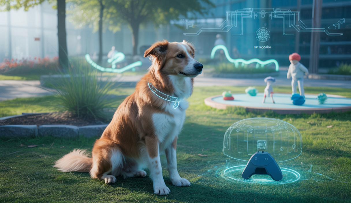 Un chien dans un environnement futuriste illustrant les tendances de l'adoption canine en 2025