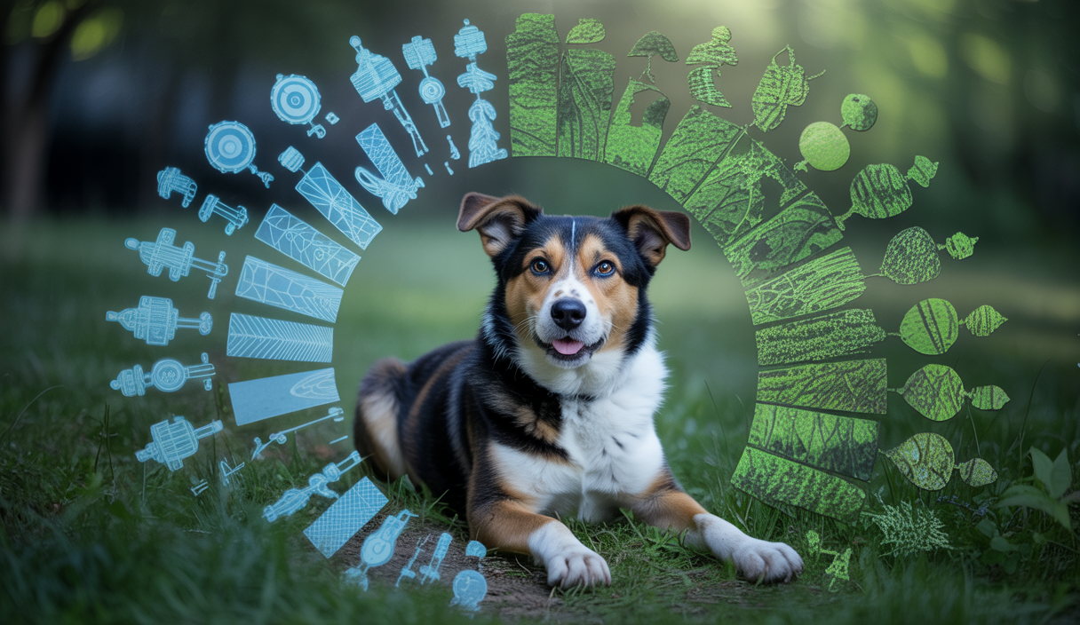 Illustration d'un chien entouré de technologies éducatives modernes