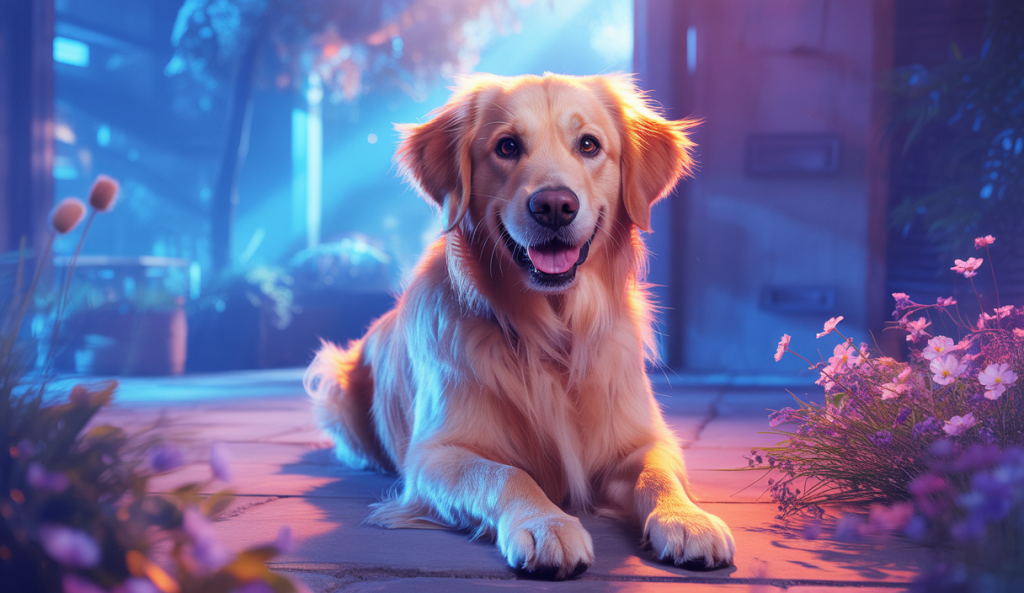 Image hyper-détaillée d'un Golden Retriever captivant sur fond vibrant et dynamique.