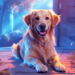 Image hyper-détaillée d'un Golden Retriever captivant sur fond vibrant et dynamique.