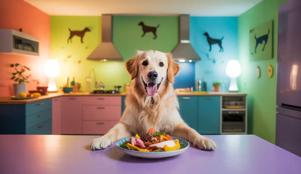 Chien riant devant une assiette de nourriture extravagante