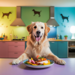 Chien riant devant une assiette de nourriture extravagante