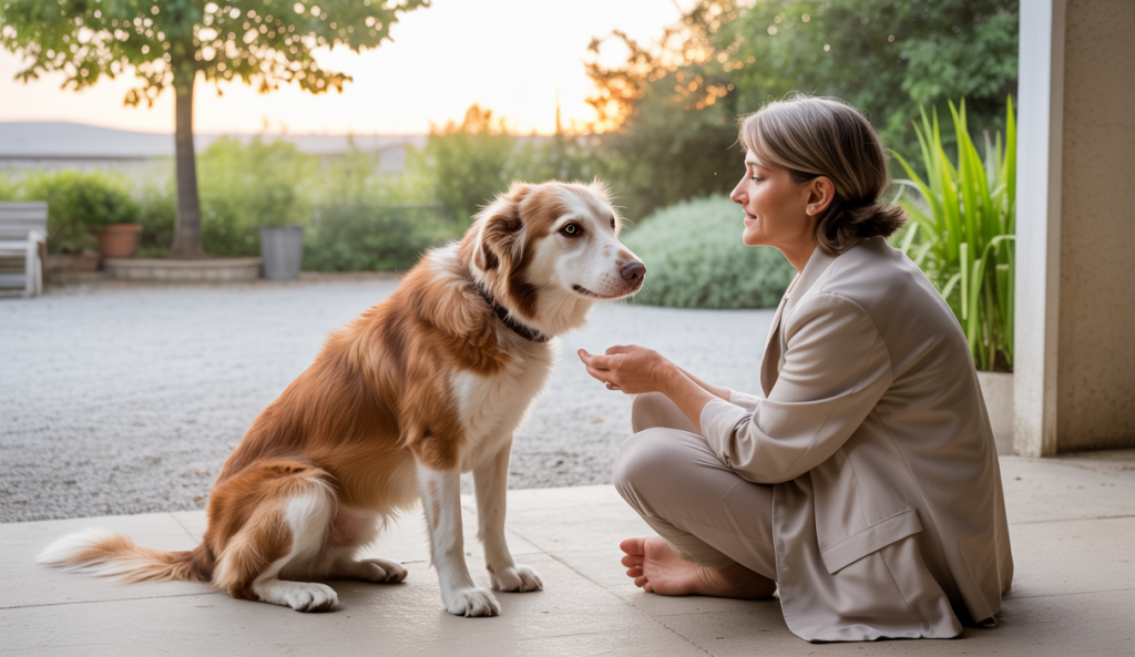 Chien calme recevant une communication respectueuse d'un humain avec leadership par énergie calme, dans un cadre apaisant