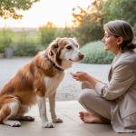 Chien calme recevant une communication respectueuse d'un humain avec leadership par énergie calme, dans un cadre apaisant
