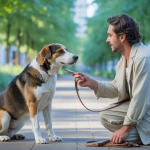 Un chien heureux assis à côté de son maître qui lui donne une friandise, dans un parc ensoleillé, illustrant l'éducation canine par renforcement positif et communication bienveillante