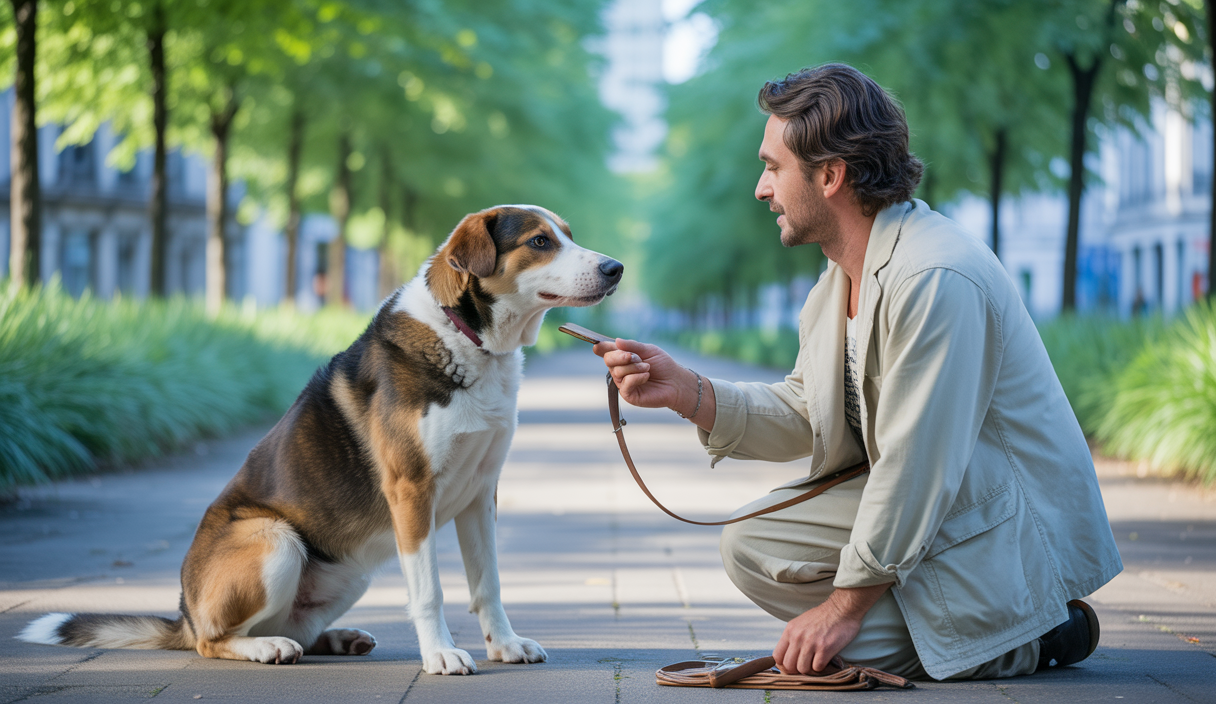 Un chien heureux assis à côté de son maître qui lui donne une friandise, dans un parc ensoleillé, illustrant l'éducation canine par renforcement positif et communication bienveillante