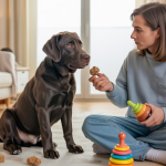 Un chiot apprend à obéir assis à son propriétaire dans un salon lumineux avec des jouets et friandises autour
